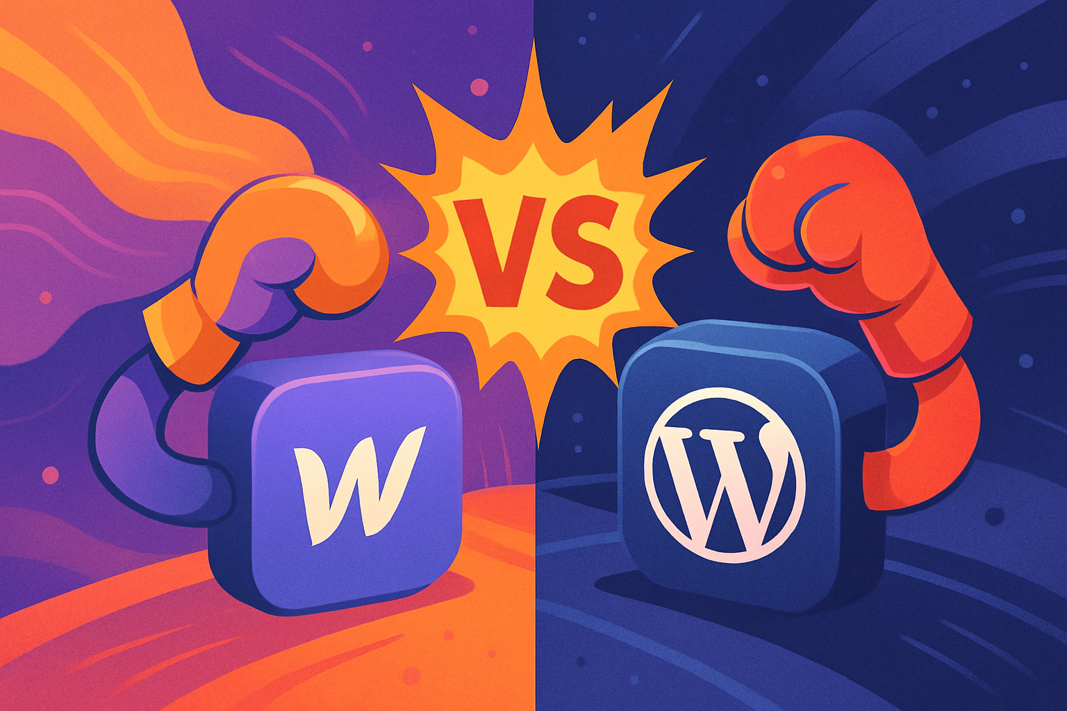 Ilustração comparativa entre Webflow e WordPress, destacando recursos, design e usabilidade de cada plataforma de criação de sites.