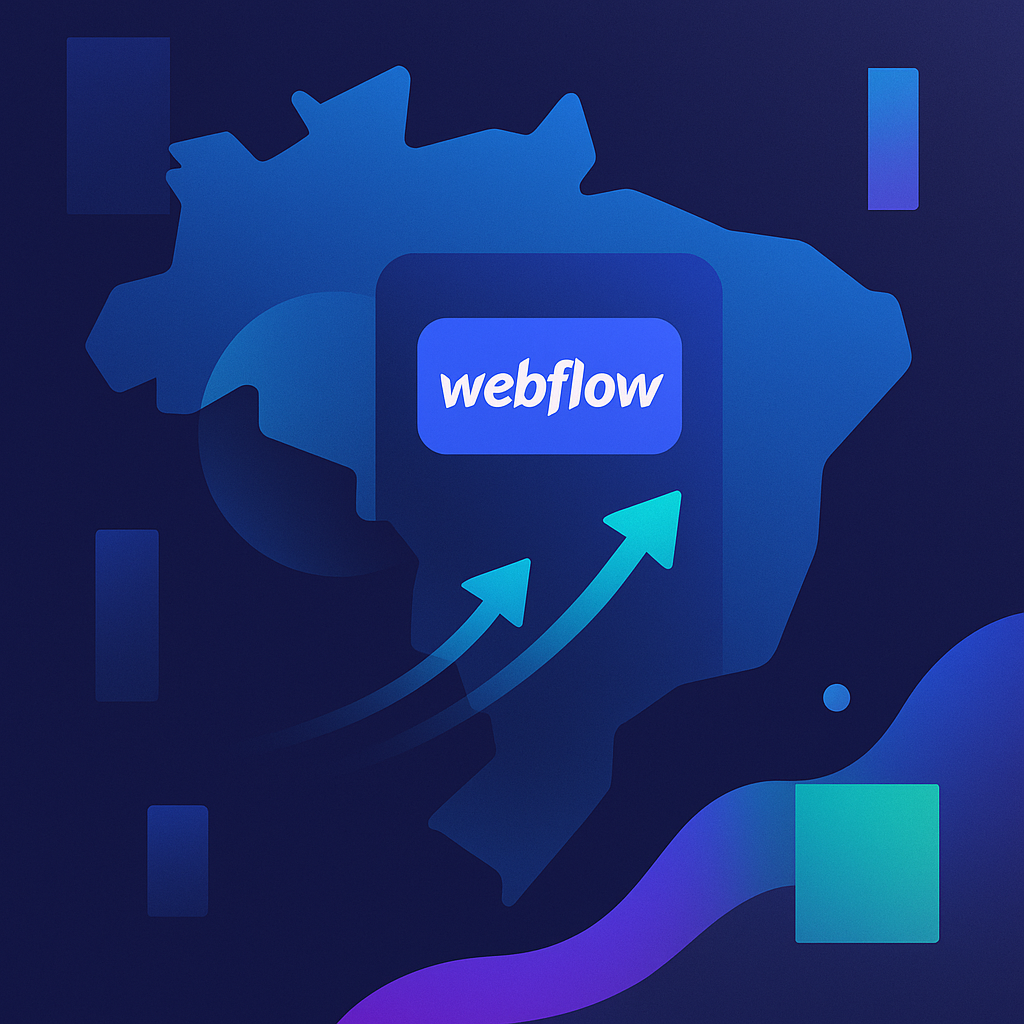 Ilustração digital moderna com mapa do Brasil em tons de azul, setas ascendentes e o logotipo do Webflow no centro, representando o crescimento da plataforma no país.