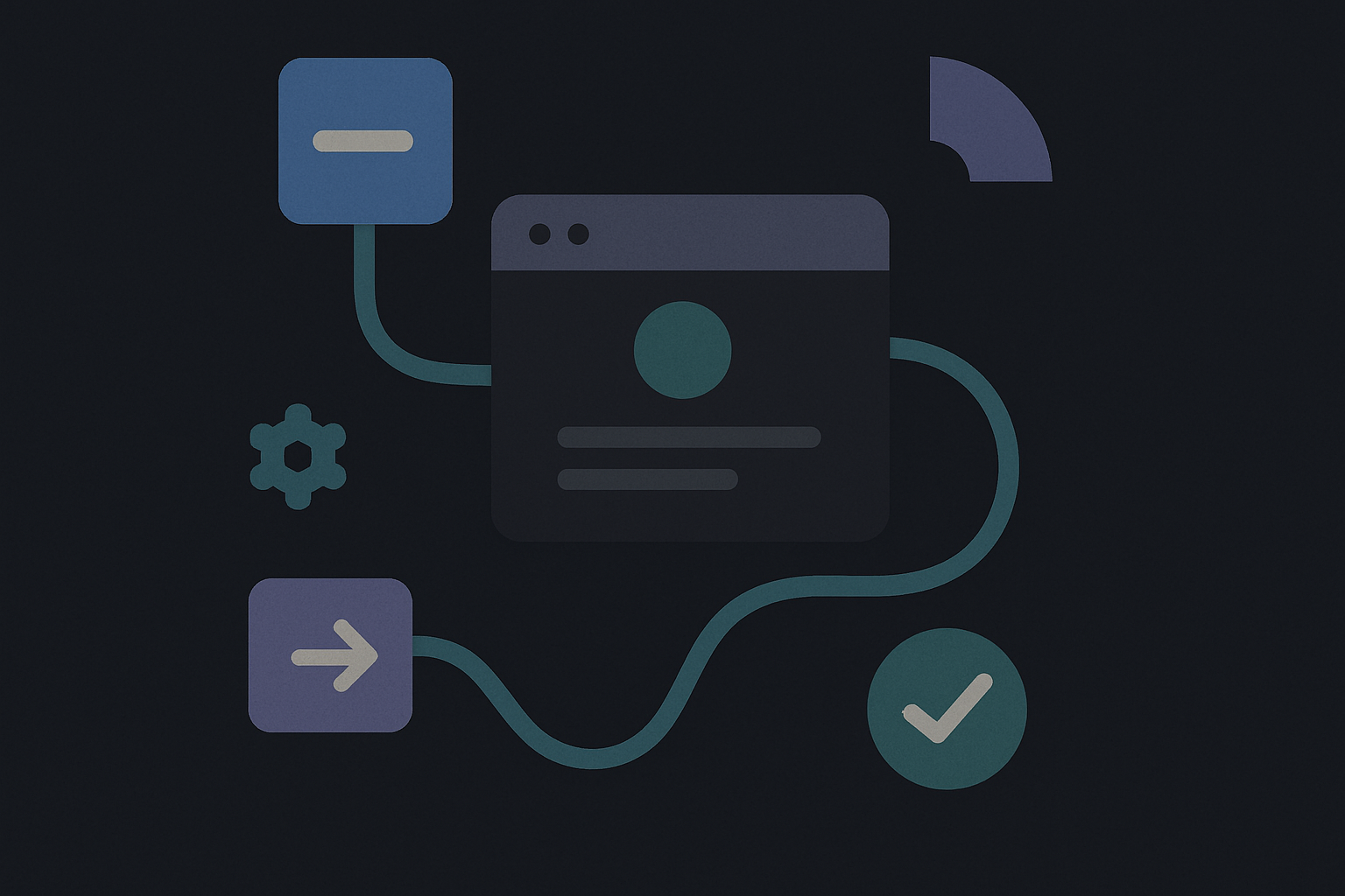 Ilustração minimalista com fundo escuro mostrando a jornada do usuário em UX design: uma janela de navegador central conectada por linhas curvas a ícones geométricos como engrenagem, botão de avançar, check e menu, em tons suaves de azul, roxo e verde.