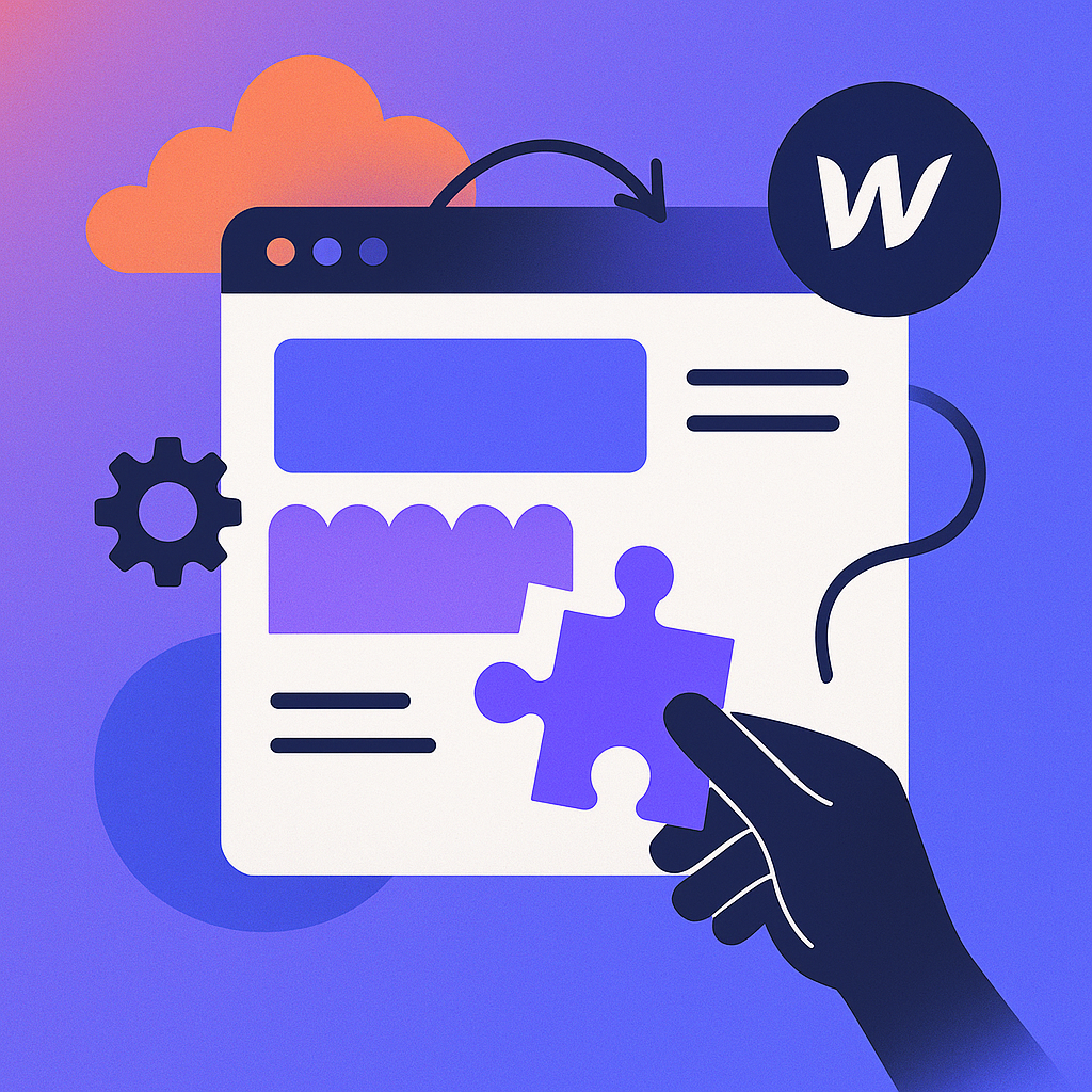 Ilustração conceitual sobre como funciona o Webflow, mostrando interface modular de site com engrenagem e peça de quebra-cabeça simbolizando construção visual sem código